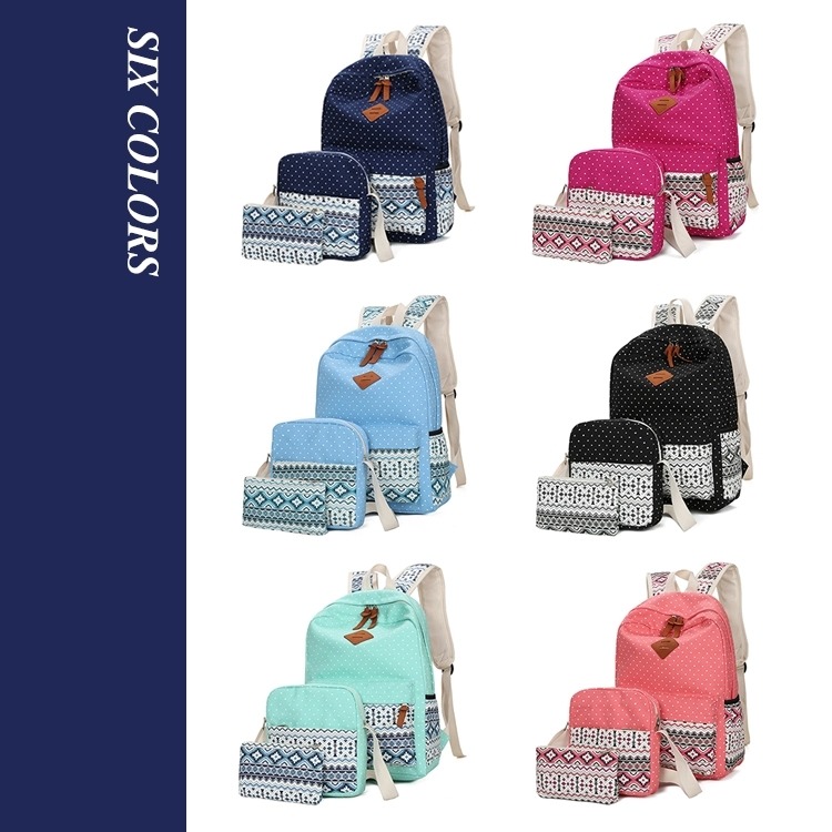 2020 Canton Fair Children Girls Print Canvas Backpack School Bag Set with Shoulder Bag
