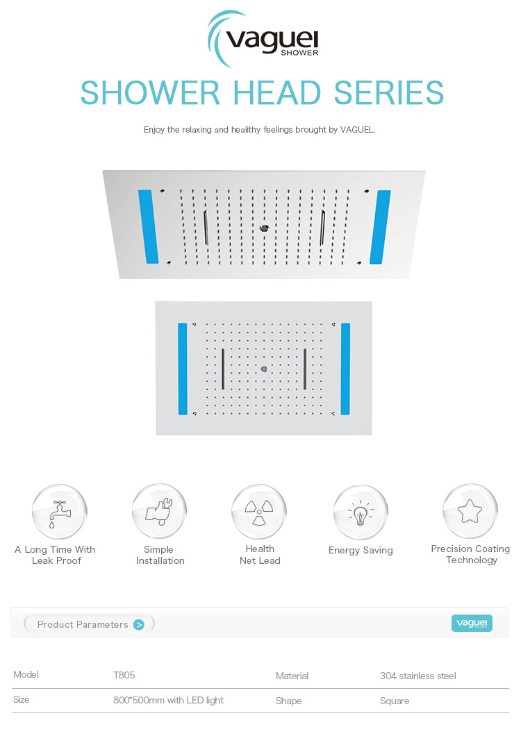 Stainless steel waterfall shower head rainfall