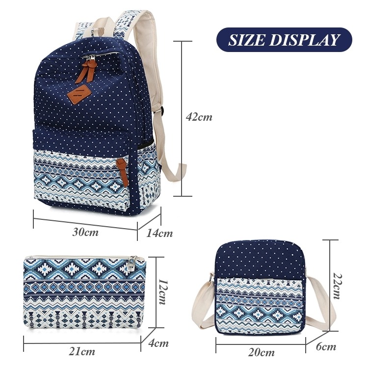 2020 Canton Fair Children Girls Print Canvas Backpack School Bag Set with Shoulder Bag