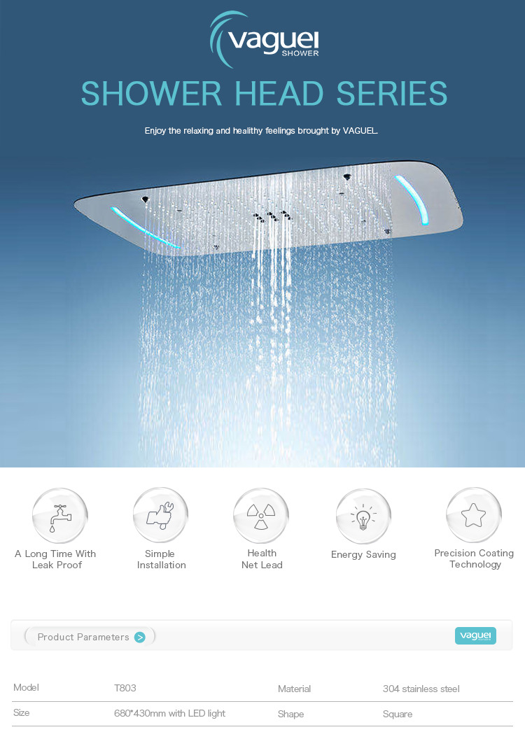 Stainless steel square bathroom rain shower head with led