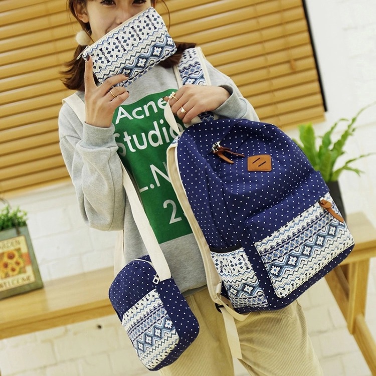 2020 Canton Fair Children Girls Print Canvas Backpack School Bag Set with Shoulder Bag