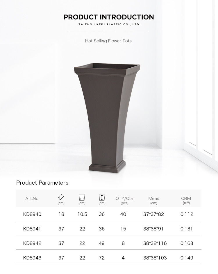 Outdoor decorative tall square plastic planters flower pots