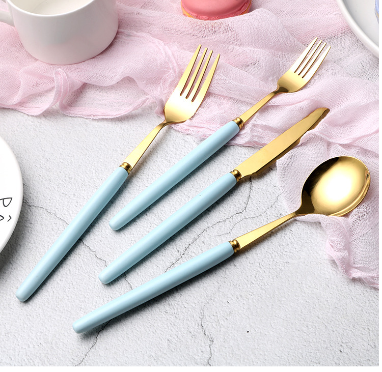 Hotel Spoon Fork Set Porcelain Flatware Rose Gold Matte Ceramic Handle Cutlery