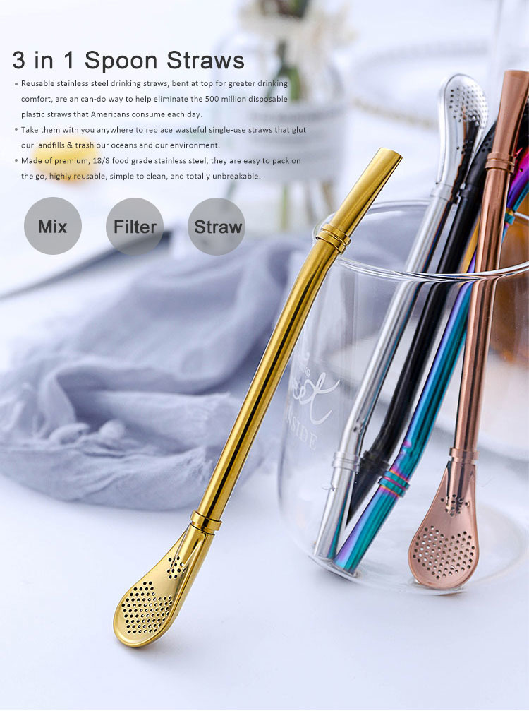 Yerba Mate Straw Spoon Reusable Stainless Steel Drinking Eco Bubble Tea Straw